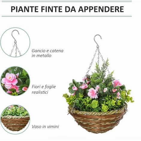 Outsunny Set Di 2 Piante Finte Lisianthus Da Appendere Per Interno Ed Esterno Con Vaso In Vimini E Catenelle, Ф25x34cm, Rosa E Verde 4 Outsunny Set Di 2 Piante Finte Lisianthus Da Appendere Per Interno Ed Esterno Con Vaso In Vimini E Catenelle, Ф25x34cm, Rosa E Verde - immagine 4