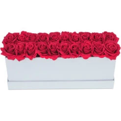 Relaxdays Bouquet Rose Eterne, Flower Box Bianco Con 20 Fiori Finti, Elegante Idea Regalo, Scatola Romantica, Rosso