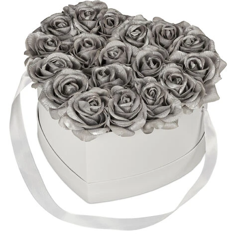 Relaxdays Bouquet Rose Eterne, Box Bianca Cuore, 18 Fiori Finti, Elegante Idea Regalo, Scatola Romantica, Bianco Argento 1 Relaxdays Bouquet Rose Eterne, Box Bianca Cuore, 18 Fiori Finti, Elegante Idea Regalo, Scatola Romantica, Bianco Argento