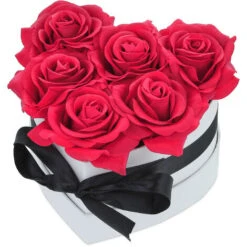 Relaxdays Bouquet Rose Eterne, Box A Cuore, Mazzo 6 Fiori Finti, Idea Regalo Romantica, Scatola Flowerbox, Bianco Rosso