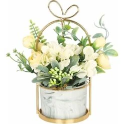 Fiori Artificiali Con Vaso - Bouquet Floreale Di Ortensie E Crisantemo Centrotavola Per Matrimoni Per La Casa, Il Soggiorno O La Decorazione Dell'ufficio (vaso Di Marmo - Giallo)