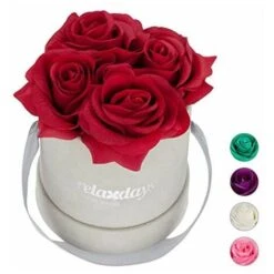 Relaxdays Rosenbox Bouquet Rotondo, 4 Rose, Grigio, Resistente 10 Anni, Idea Regalo, Box Decorativo, Rosse, Colore: Rosso, 14 X 12 X 12 Cm
