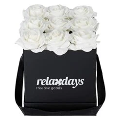 Relaxdays Bouquet Di Rose Quadrato, Scatola Nera Box Con 9 Fiori Finti Durevoli Nel Tempo, Idea Regalo Elegante, Bianca, Cartone, Tessuto, PP, 1 Pz