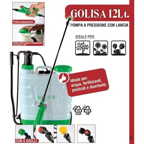Pompa A Zaino, Spalla A Pressione Con Irroratore, 4 Diversi Ugelli, Giardino Golisa 12 Lt 3 Pompa A Zaino, Spalla A Pressione Con Irroratore, 4 Diversi Ugelli, Giardino Golisa 12 Lt - immagine 3